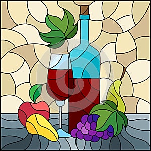Stained glass illustration with  still life,wine bottle, glass and fruit, square image