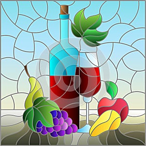 Illustration in the stained glass style  with still life,wine bottle, glass and fruit, square image