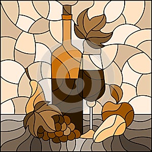 Stained glass illustration with  still life,wine bottle, glass and fruit, square image, tone brown