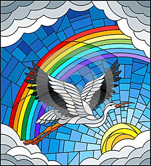 Stained glass illustration stork on the background of sky, sun , clouds and rainbow