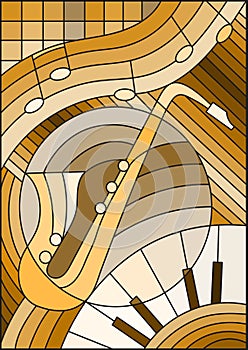 Stained glass illustration on the subject of music , the shape of an abstract saxophone on geometric background, brown tone