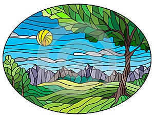 Stained glass illustration with a summer landscape, a green tree against the background of fields, mountains, and a sunny sky