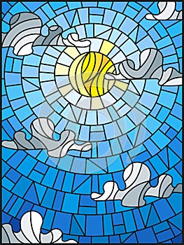 Stained glass illustration sun and clouds on blue sky background