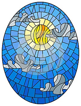 Stained glass illustration with  sun and clouds on blue sky background, oval image