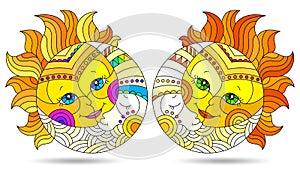 Stained glass illustration with  the sun and moon isolated on a white background