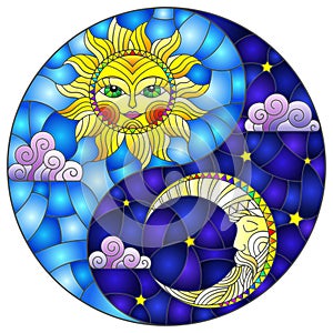 Stained glass illustration with  the sun and moon in the shape of the Yin yang sign, round image