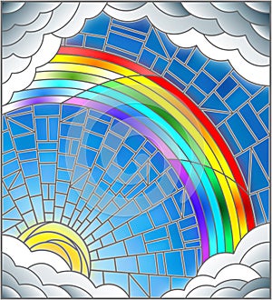 Stained glass illustration sun ,rainbow and clouds on blue sky background