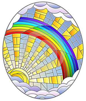 Stained glass illustration with  sun ,rainbow and clouds on blue sky background, oval image