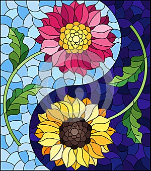 Stained glass illustration with sunflower and Aster flowers on a blue background, rectangular image