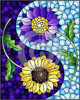 Stained glass illustration with sunflower and Aster flowers on a blue background, rectangular image