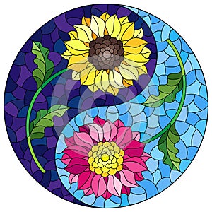 Stained glass illustration with  sunflower and Aster flowers in the form of a Yin Yang sign on a blue background, round image