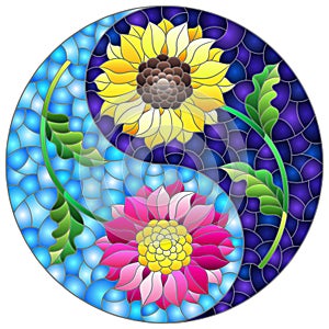 Stained glass illustration with  sunflower and Aster flowers in the form of a Yin Yang sign on a blue background, round image