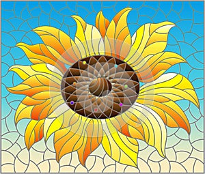 Stained glass illustration with  sunflower flower on a blue sky background, rectangular image