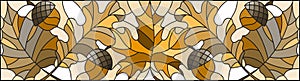 Stained glass illustration on the theme of autumn, leaves, oak, maple , aspen and acorns ,horizontal orientation, brown tone,sep