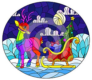 Stained glass illustration with on the theme of Christmas and new year, a deer harnessed to a sleigh with gifts on the background