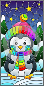 Stained glass illustration on the theme of New Year holidays , cute penguin on the background of a winter night landscape