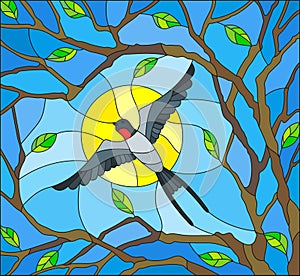 Stained glass illustration on the theme of spring, the swallow flying on the background of Sunny sky through the lumen of the bra photo