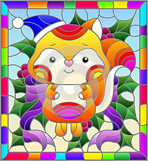 Stained glass illustration with  on the theme of the winter holidays of Christmas and New year, a toy fox on the background of Hol