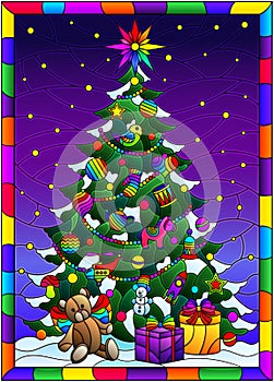 Stained glass illustration with  on the theme of winter holidays, elegant Christmas tree, against the background of the winter nig
