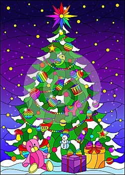 Stained glass illustration on the theme of winter holidays, elegant Christmas tree, against the background of the winter night sk