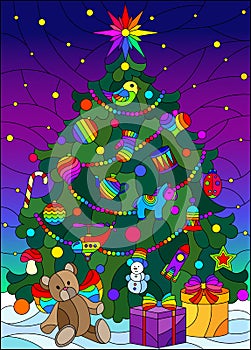 Stained glass illustration on the theme of winter holidays, elegant Christmas tree, against the background of the winter night sk