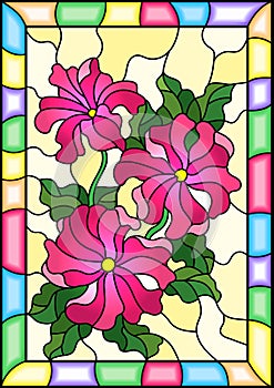 Stained glass illustration with three bright pink flowers of Petunia, buds and leaves on a yellow background in a frame