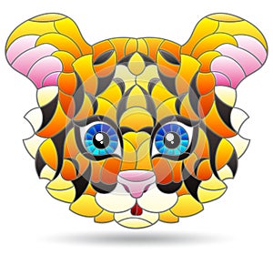 Stained glass illustration with a tiger`s head, a portrait of an animal isolated on a white background