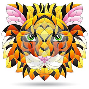 Stained glass illustration with  a tiger`s head, a portrait of an animal isolated on a white background