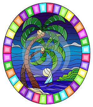 Stained glass illustration with  a tropical sea, landscape, coconut trees and a sailboaton a background of night sky, oval image i