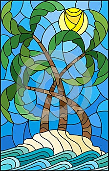 Stained glass illustration with a tropical sea landscape, coconut trees on the sandy beach on the background of Sunny sky