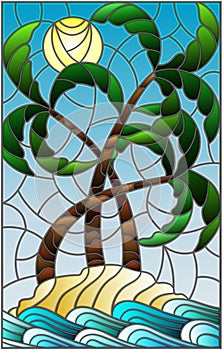 Stained glass illustration with a tropical sea landscape, coconut trees on the sandy beach on the background of Sunny sky