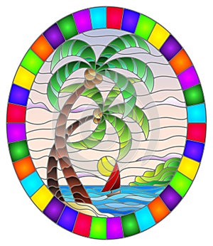 Stained glass illustration with a tropical sea, landscape, coconut trees  on the sandy beach, oval image in bright frame