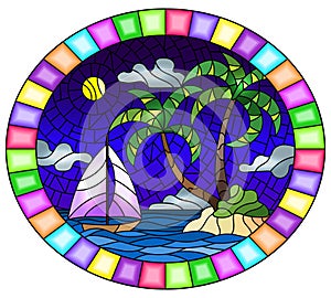 Stained glass illustration with  a tropical sea landscape, coconut trees  on the sandy beach and a ship on a background of night s