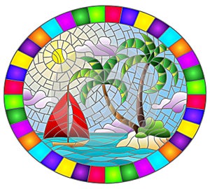 Stained glass illustration with a tropical sea landscape, coconut trees  on the sandy beach and a ship , oval image in bright fram