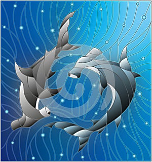 Stained glass illustration with two fish hammers on the background of water and air bubbles