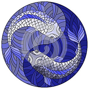 Stained glass illustration with  two fishes in the form of the Yin Yang sign, round image, tone blue