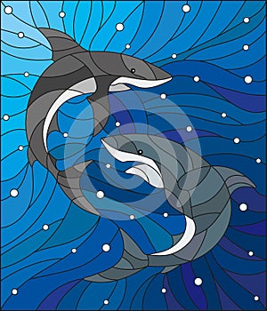 Stained glass illustration with two sharks on the background of water and air bubbles