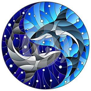 Stained glass illustration with two sharks on the background of water and air bubbles in the form of the Yin Yang sign