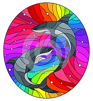 Stained glass illustration with a two sharks on a rainbow background, oval image