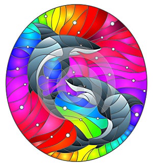Stained glass illustration with a two sharks on a rainbow background, oval image