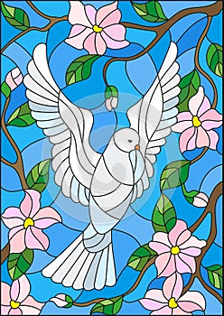 Stained glass illustration with a white dove on background of blue sky and flowering tree branches