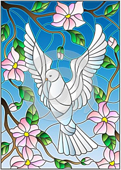 Stained glass illustration with a white dove on background of blue sky and flowering tree branches