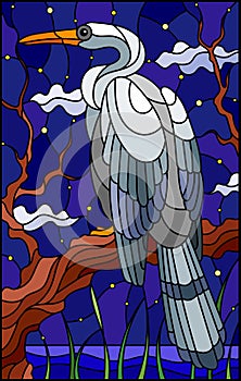 Stained glass illustration with a white Heron bird sitting on a tree on a background of swamp and starry night sky