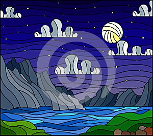 Stained glass illustration with a wild landscape, a lake on a background of mountains and a starry night sky with moon