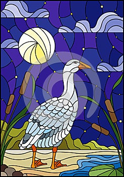 Stained glass illustration with wild wite goose on beach background with reeds , sky and moon