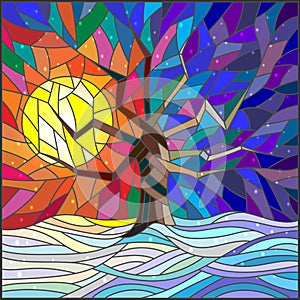 Stained glass illustration Winter landscape ,a lone tree against the bright sun and snow