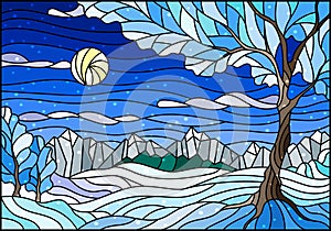 Stained glass illustration with winter landscape, tree on mountain landscape and Sunny sky and snow background