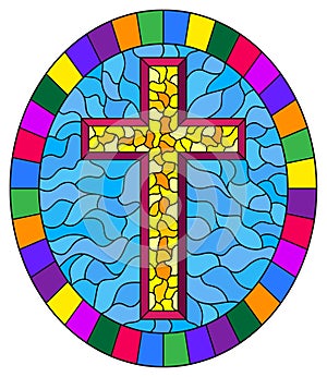 Stained glass illustration with a yellow cross on an abstract blue background, oval picture frame in bright