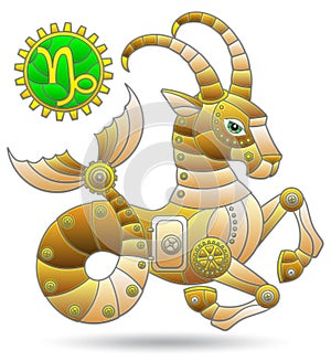 Stained glass illustration with a zodiac signs Capricorn, figure isolated on a white background