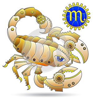 Stained glass illustration with a zodiac signs scorpio, figure isolated on a white background